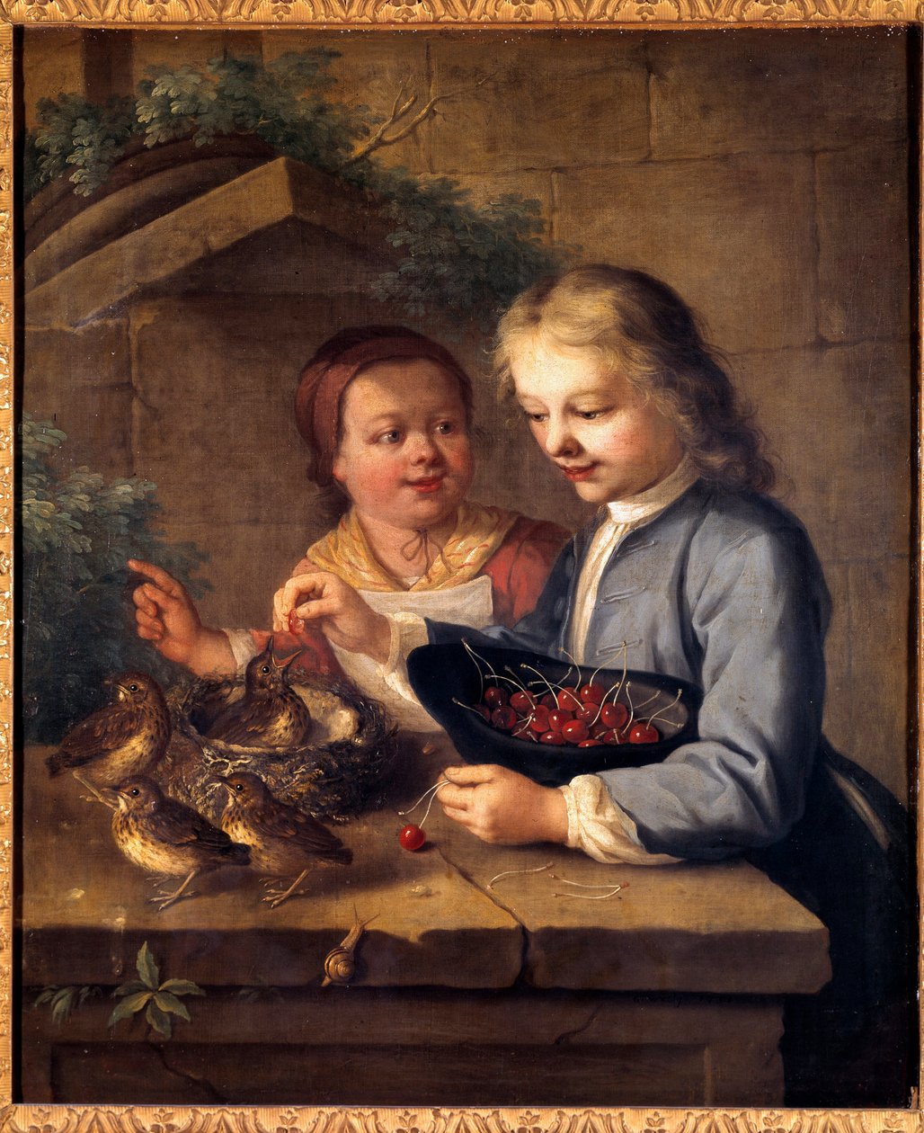 Dexu barnas becquee gir kirsebær til fugler. Maleri av Gabriel Gresly (1712-1756) Dijon fra 1700-tallet, Museum of Fine Arts av Gabriel Gresly