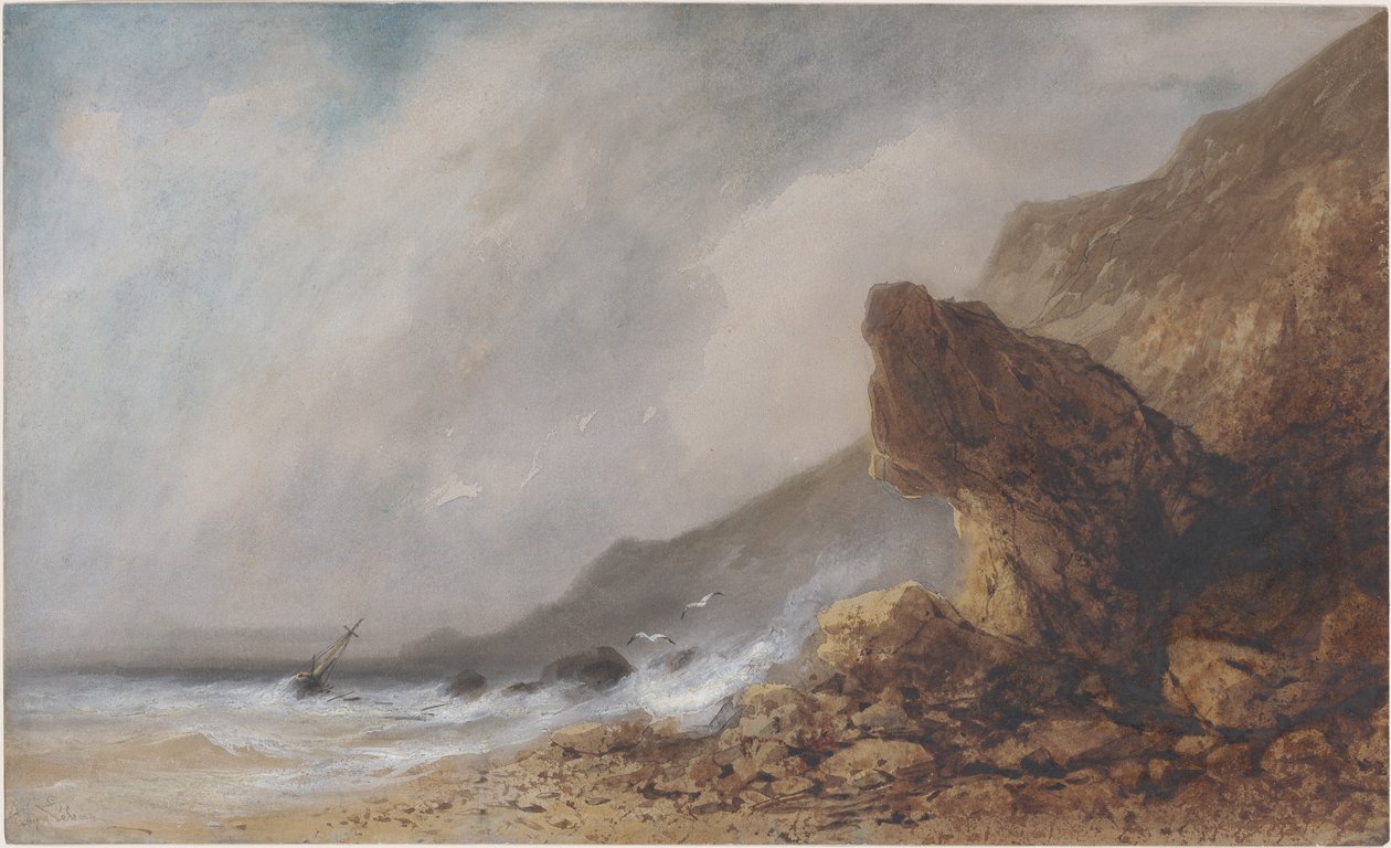 En steinete havkyst i en storm av Gabriel Hippolyte Lebas