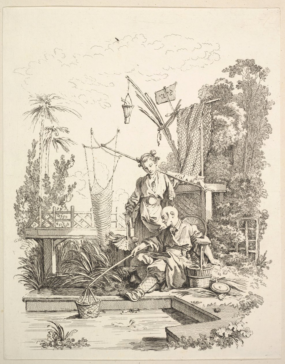 En kinesisk mann og kvinne som fisker ved en fiskedam, 1700-tallet. av Gabriel Huquier