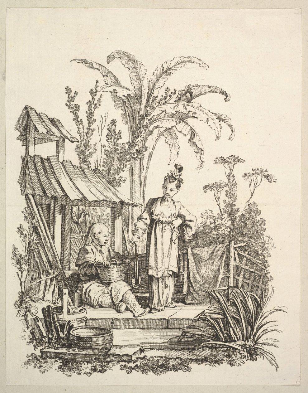 En sittende kinesisk mann og en kvinne som bærer en fisk, ca. 1742. av Gabriel Huquier