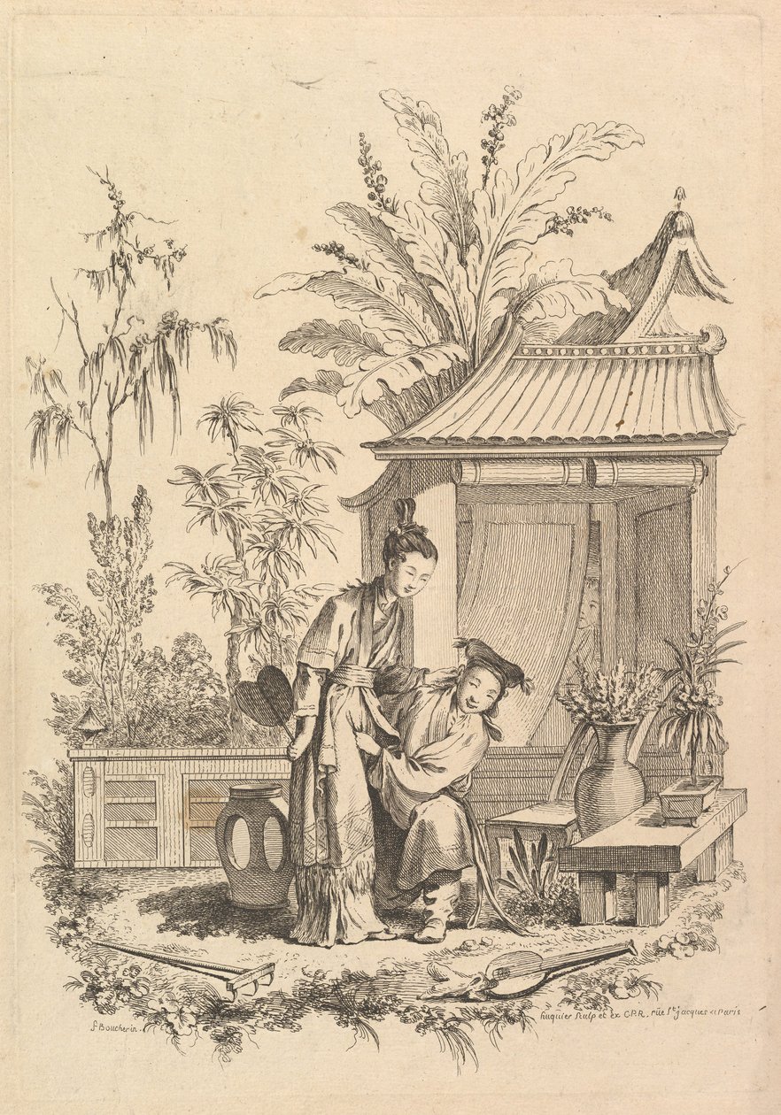 Chinoiserie-scene med figurer i et landskap, 1700-tallet. av Gabriel Huquier
