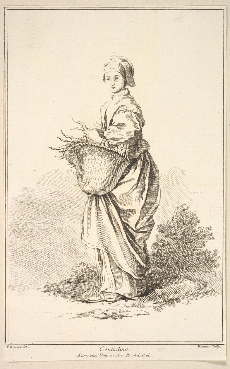 Contadina, fra Samling av forskjellige utenlandske figurer Oppfunnet av F. Boucher P...., 1700-tallet. av Gabriel Huquier