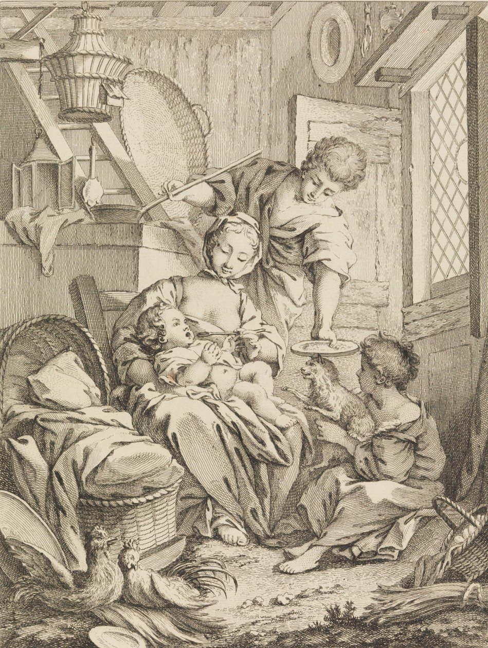 Plate 1: Ung kvinne som mater sitt spedbarn, fra Premier Livre de Subjects et Pastorales Fi..., 1720-72. av Gabriel Huquier
