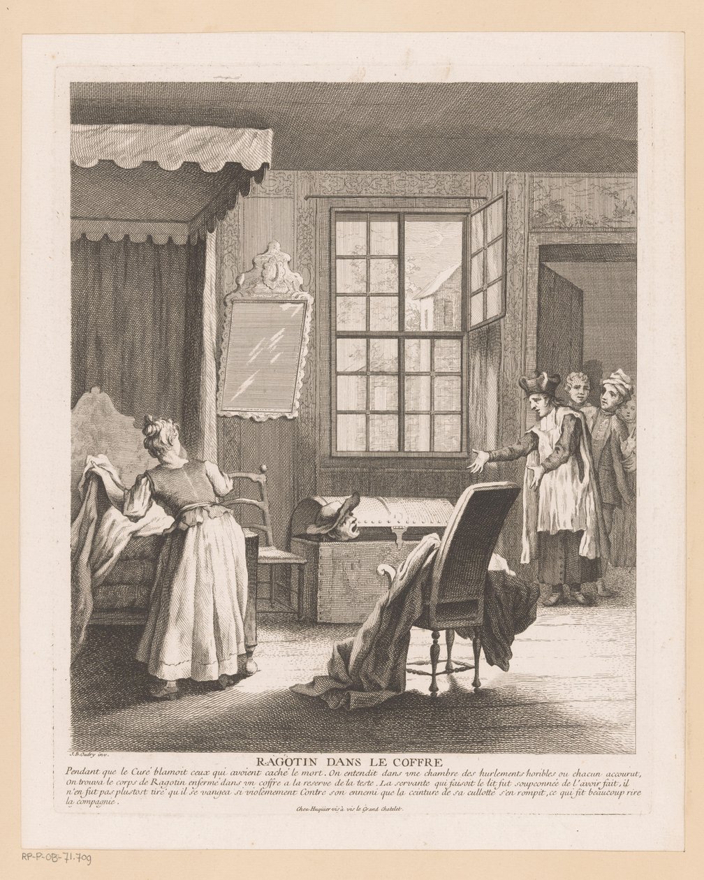 Slaapkamerinterieur møtte Ragotin i en kiste Sladder i bagasjerommet (tittel på objekt) Scener fra Roman Comique van Scarron (serietittel) av Gabriel Huquier