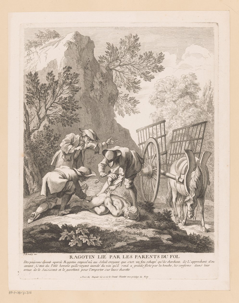 Sovende ragotin bundet og kidnappet Ragotin lié par les foreldre du fol (tittel på objekt) Scener fra Scarrons Roman Comique (serietittel) av Gabriel Huquier