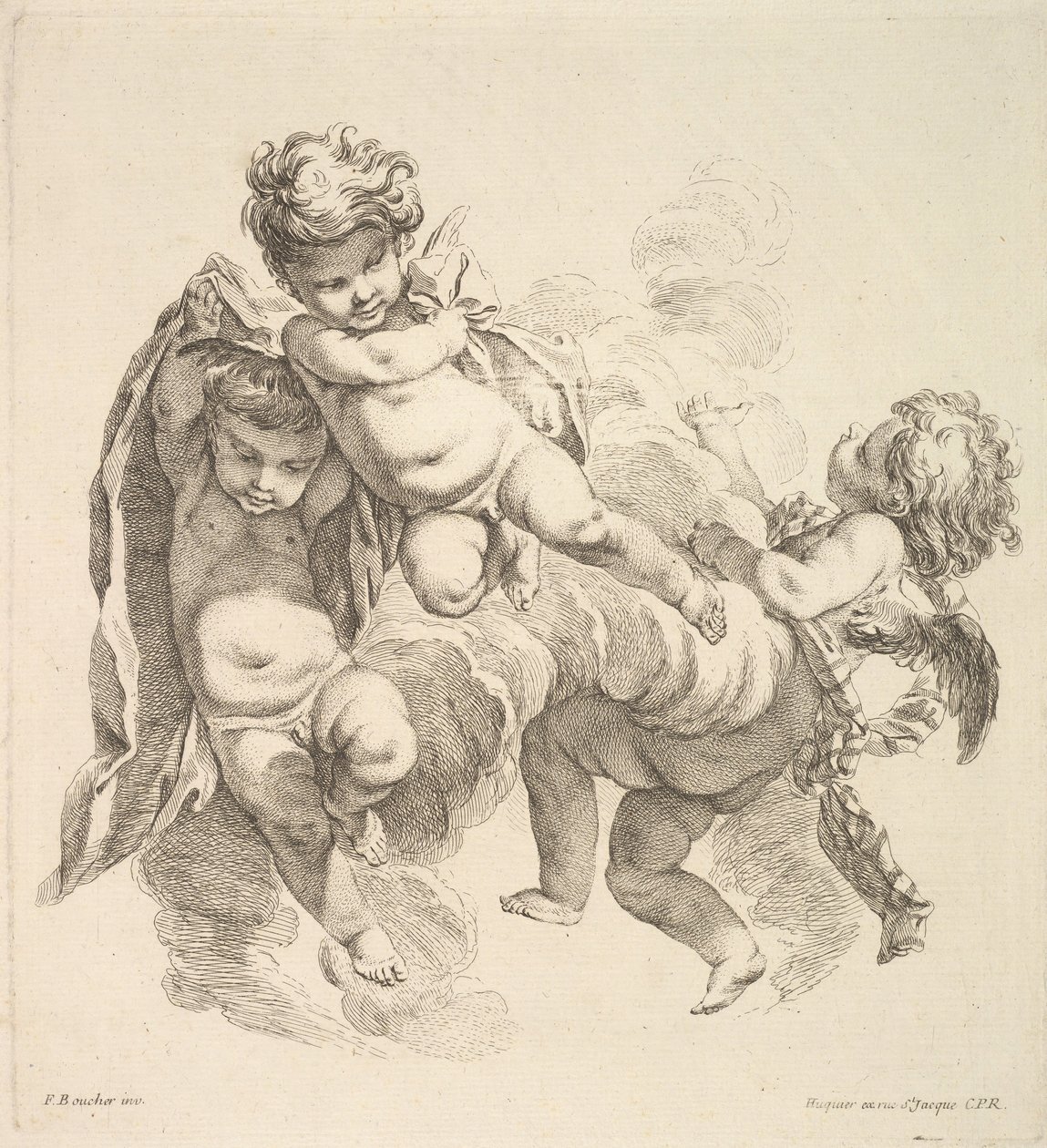 Tre barn blant skyer som bærer et draperi, 1738-45. av Gabriel Huquier