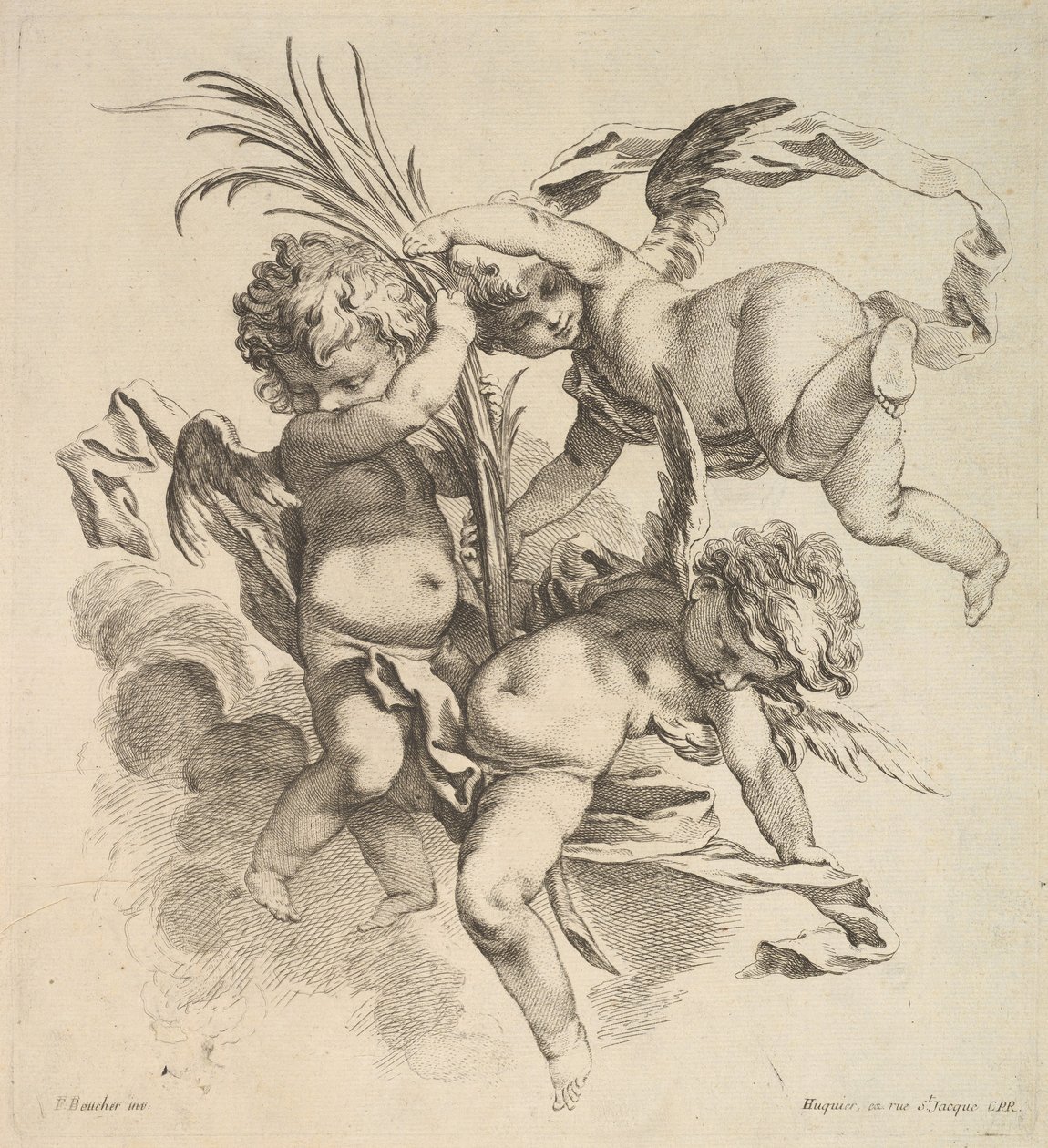 Tre barn blant skyer nær et palmeblad, 1738-45. av Gabriel Huquier