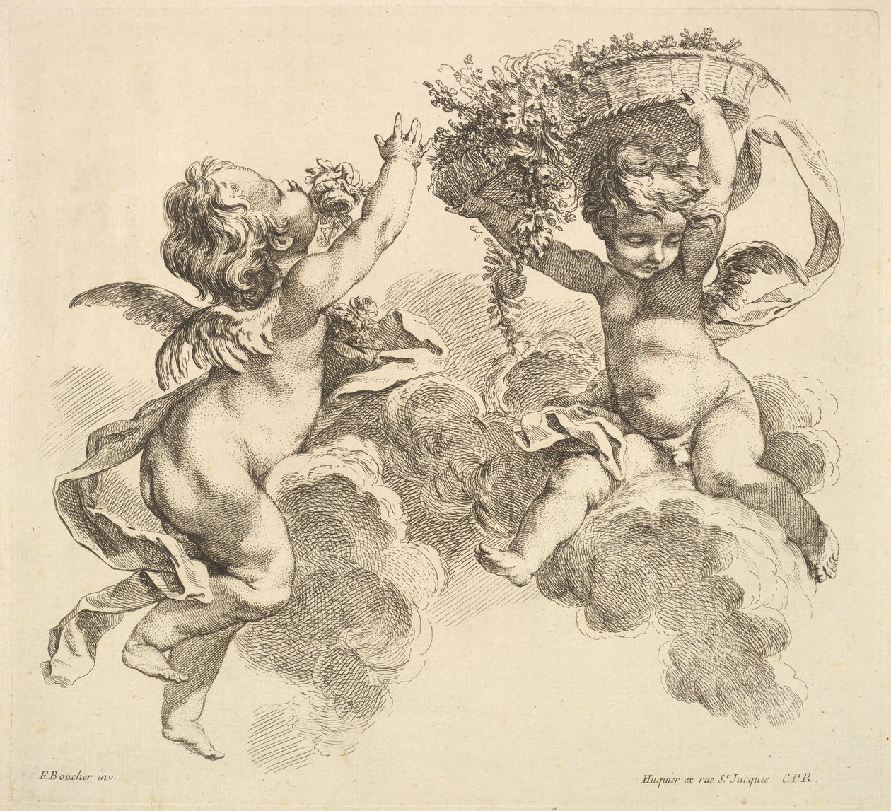 To barn, ett holder en kurv med blomster, 1738-45. av Gabriel Huquier
