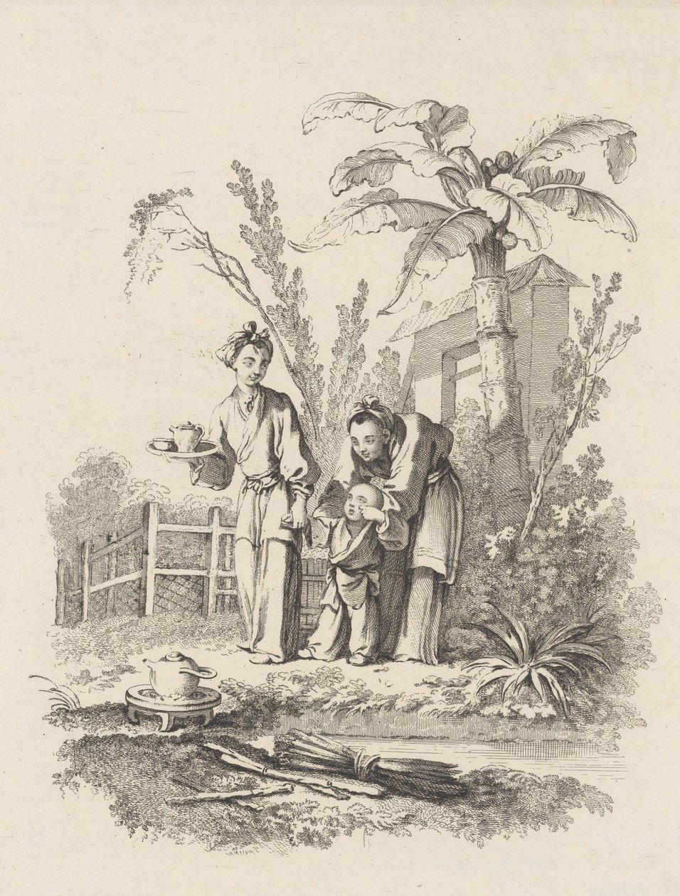 To kvinner som leder et barn mot en tekanne på et bord nær en dam, ca. 1742. av Gabriel Huquier