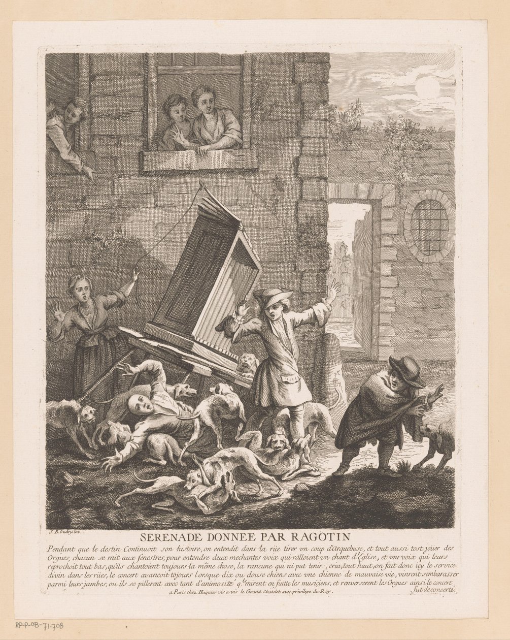 Forstyrrelse av orgelspill av gatehunder Serenade donnée par Ragotin (tittel på objekt) Scener fra Scarrons Roman Comique (serietittel) av Gabriel Huquier