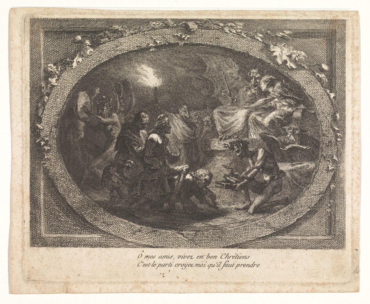 Voltaire kom til helvete av Gabriel Jacques de Saint Aubin (school of)