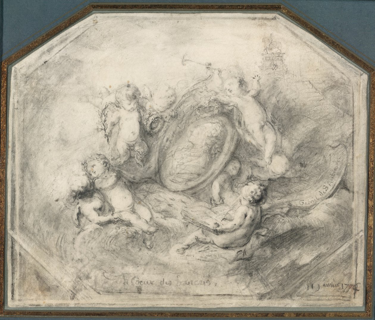 En portrettmedaljong av kong Louis XV omgitt av Putti som bærer attributtene til berømmelse og historie av Gabriel Jacques de Saint Aubin