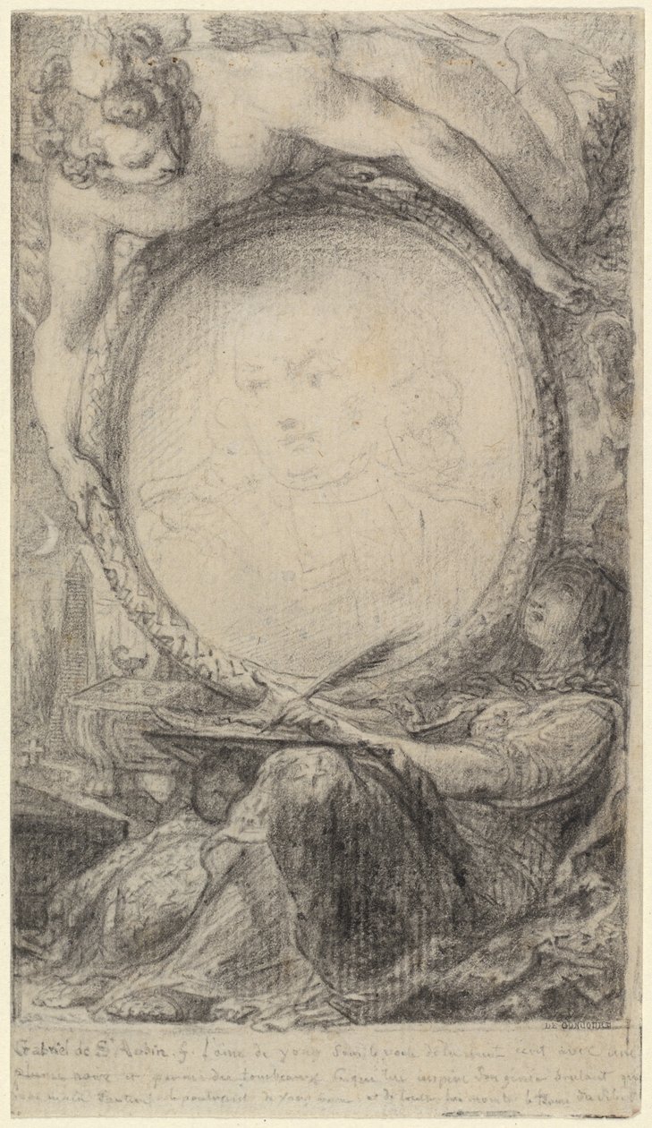Allegorisk ramme med et geni og en tilslørt kvinne som skriver av Gabriel Jacques de Saint Aubin