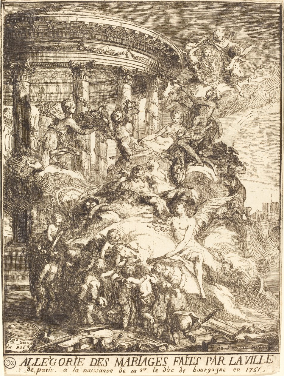 Allegori om ekteskapene som ble inngått av byen Paris ved fødselen av hertugen av Burgund av Gabriel Jacques de Saint Aubin