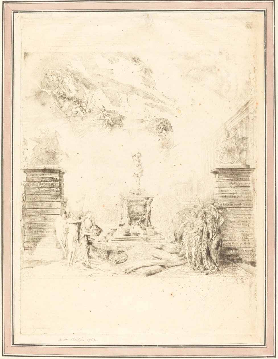 Allegori om oppføringen av statuen av Ludvig XV (Allegory on the Establishment of a av Gabriel Jacques de Saint Aubin