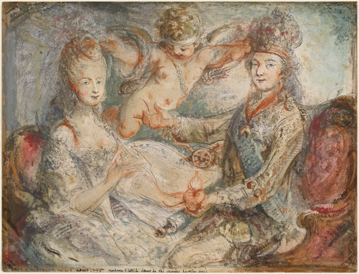 Louis XVI og Marie-Antoinette kronet av kjærlighet av Gabriel Jacques de Saint Aubin