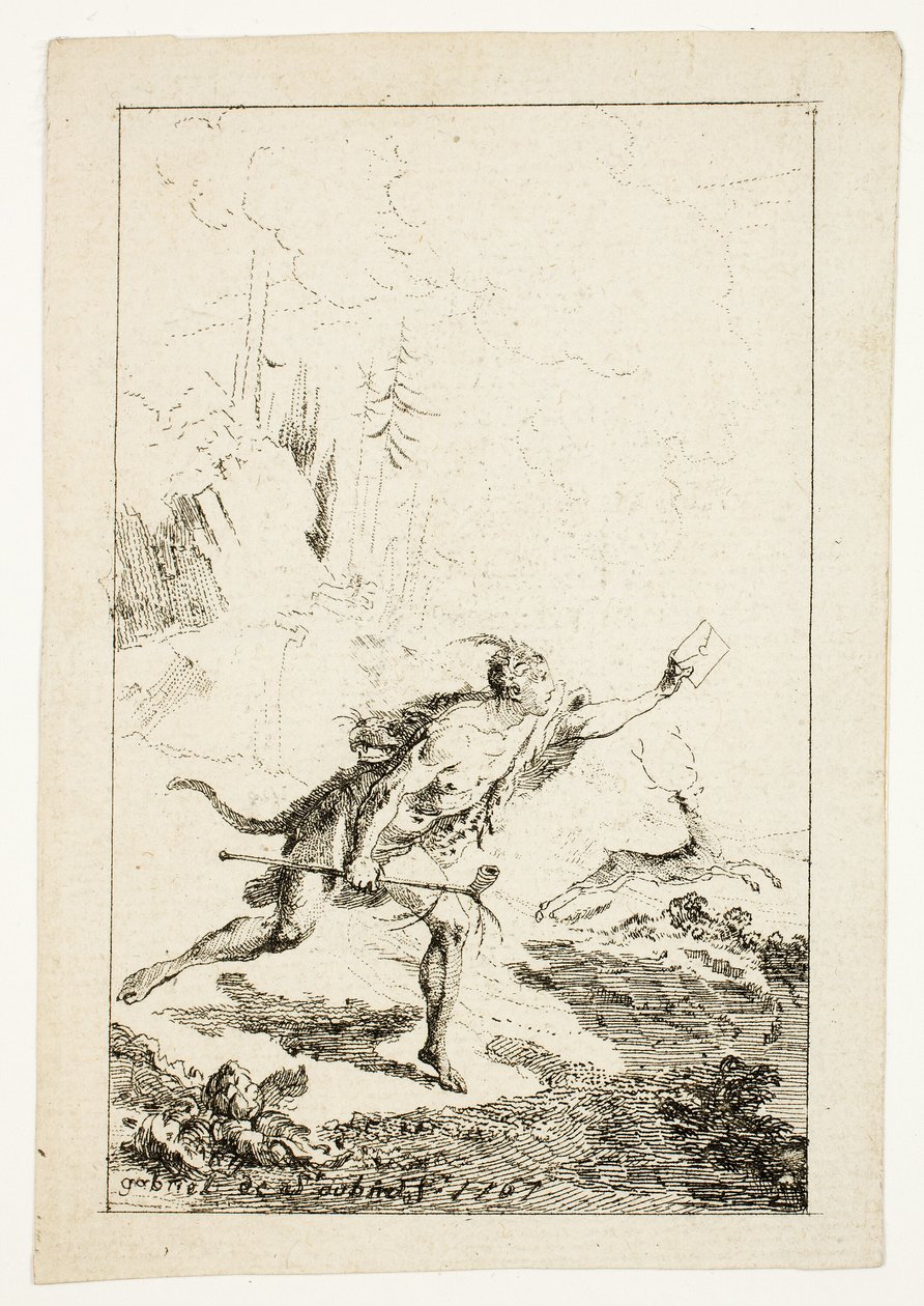 Messenger sendt til M. Saint-Denis, av M. Belle-Isle, fange, plate tre fra Les Nouveaux Voyages aux Indes Occidentales av Gabriel Jacques de Saint Aubin