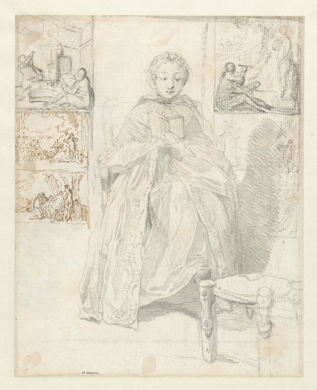 Studieark med en lesende kvinne og noen skisser av Gabriel Jacques de Saint Aubin