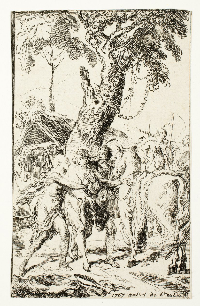 The Escape of M. de Belle-Isle, Prisoner in the Attakapas, plate fire fra Les Nouveaux Voyages aux Indes Occidentales av Gabriel Jacques de Saint Aubin