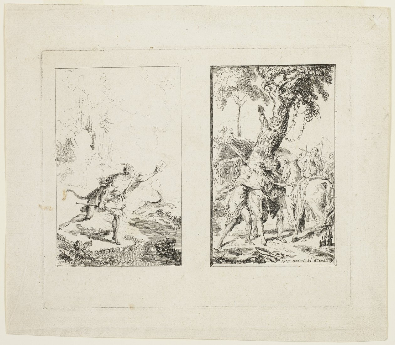 Vignetter for "New Voyages to the West Indies" av Chevalier Bossu av Gabriel Jacques de Saint Aubin