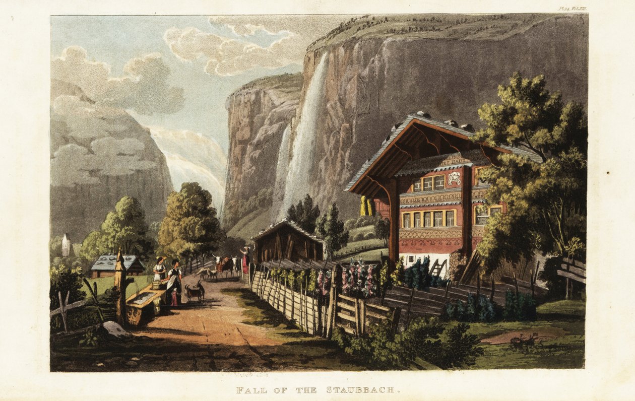 Utsikt over Staubbach-fallet, en foss i Sveits, som ligger like vest over Lauterbrunnen i Berner-høylandet av Gabriel Ludwig (after) Lory
