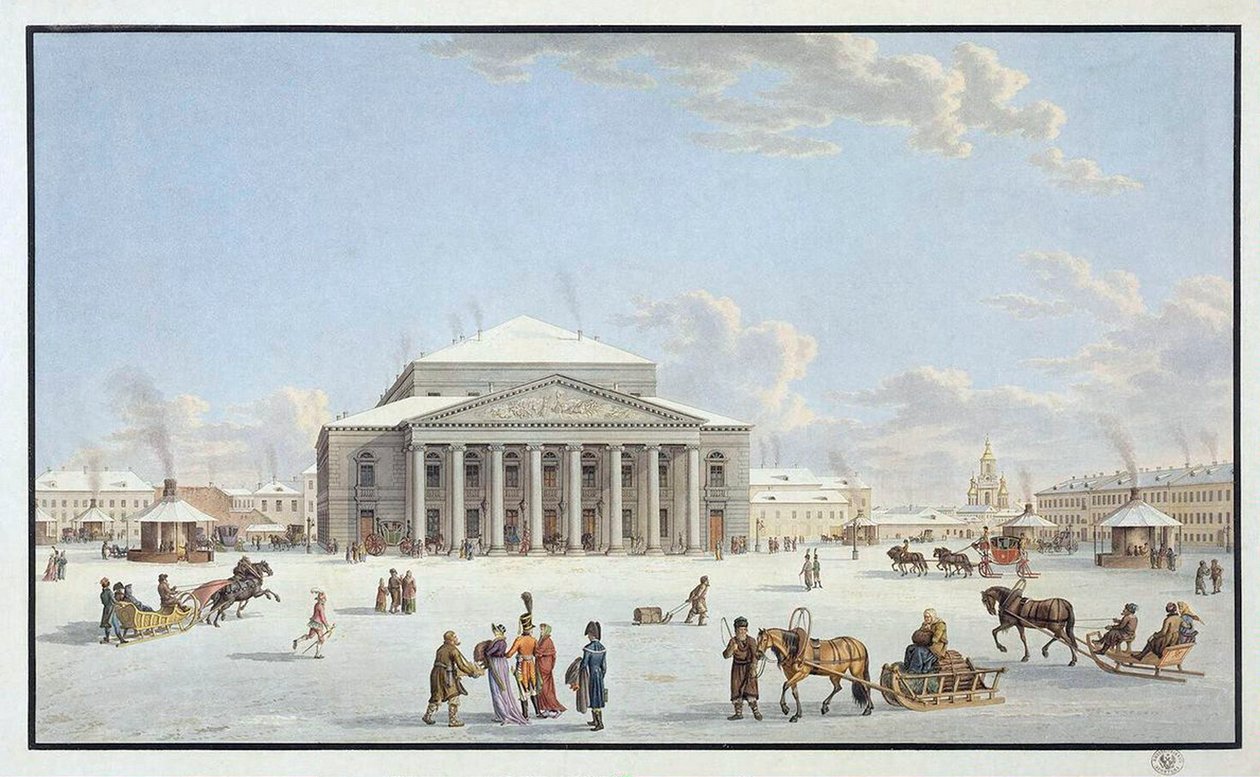 Utsikt over Bolshoi Theatre i St Petersburg, tidlig på 1800-tallet. av Gabriel Ludwig Lory the Elder