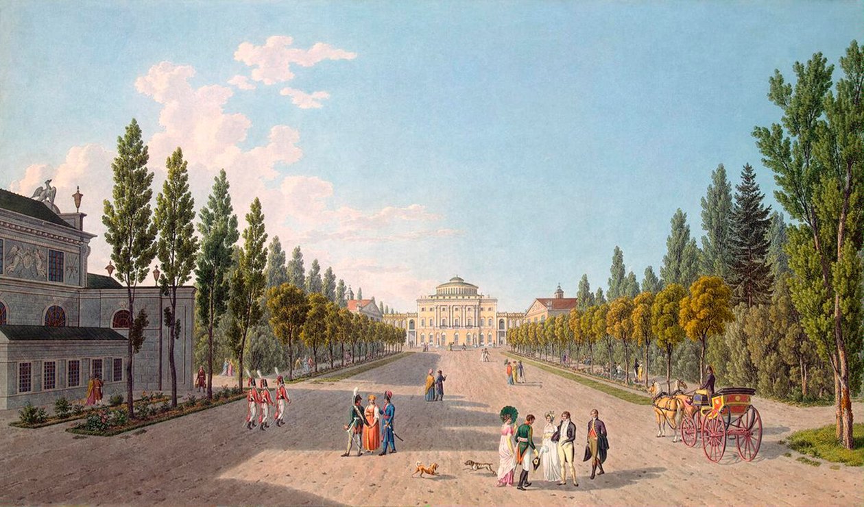 Utsikt over Pavlovsk-palasset fra parken, 1808. av Gabriel Ludwig Lory the Elder