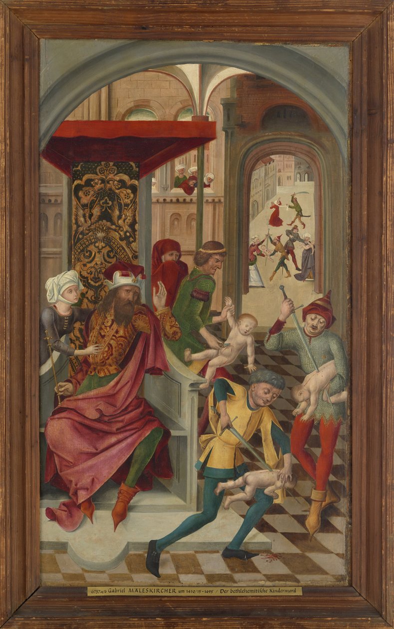 Fløyen til St. Vitus-alteret fra Tegernsee klosterkirken; Foran: The Massacre of the Innocents i Betlehem, bak: De hellige Vitus, Modestus og Kreszentia blir styrket med manna av Gabriel Maeleßkircher