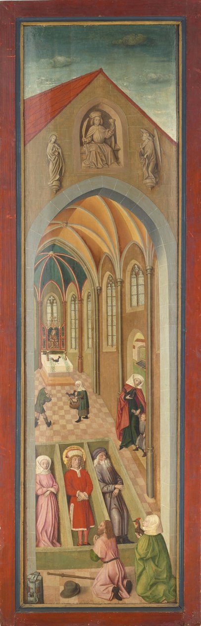 Panel av St. Vitus-alteret fra Tegernsee-klosterkirken, de hellige Vitus, Modestus og Kreszentia i kistene, tilbedt av et par pilegrimer av Gabriel Maeleßkircher