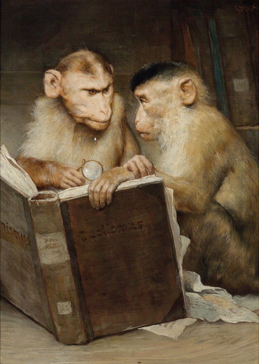""Les savants"" (De lærde) To aper som holder en åpen bok - Maleri av Gabriel Cornelius Ritter von Max (1840-1915) Privat samling av Gabriel Max