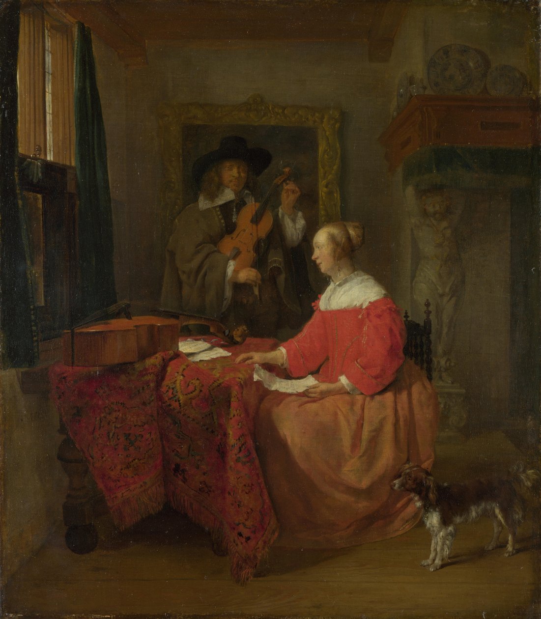 En kvinne som sitter ved et bord og en mann som stemmer en fiolin, ca. 16571658 av Gabriel Metsu