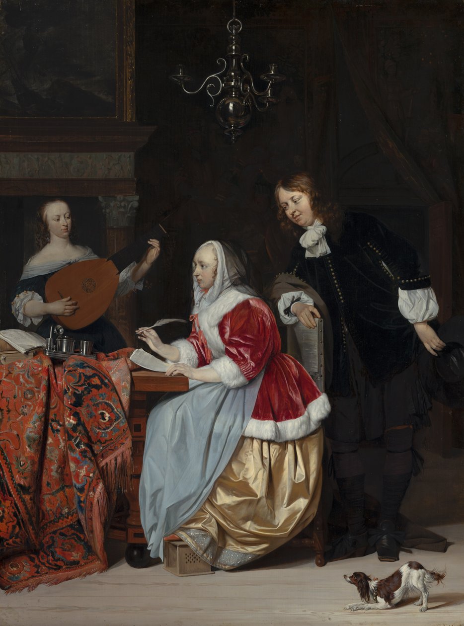 En ung kvinne som komponerer et musikkstykke av Gabriel Metsu