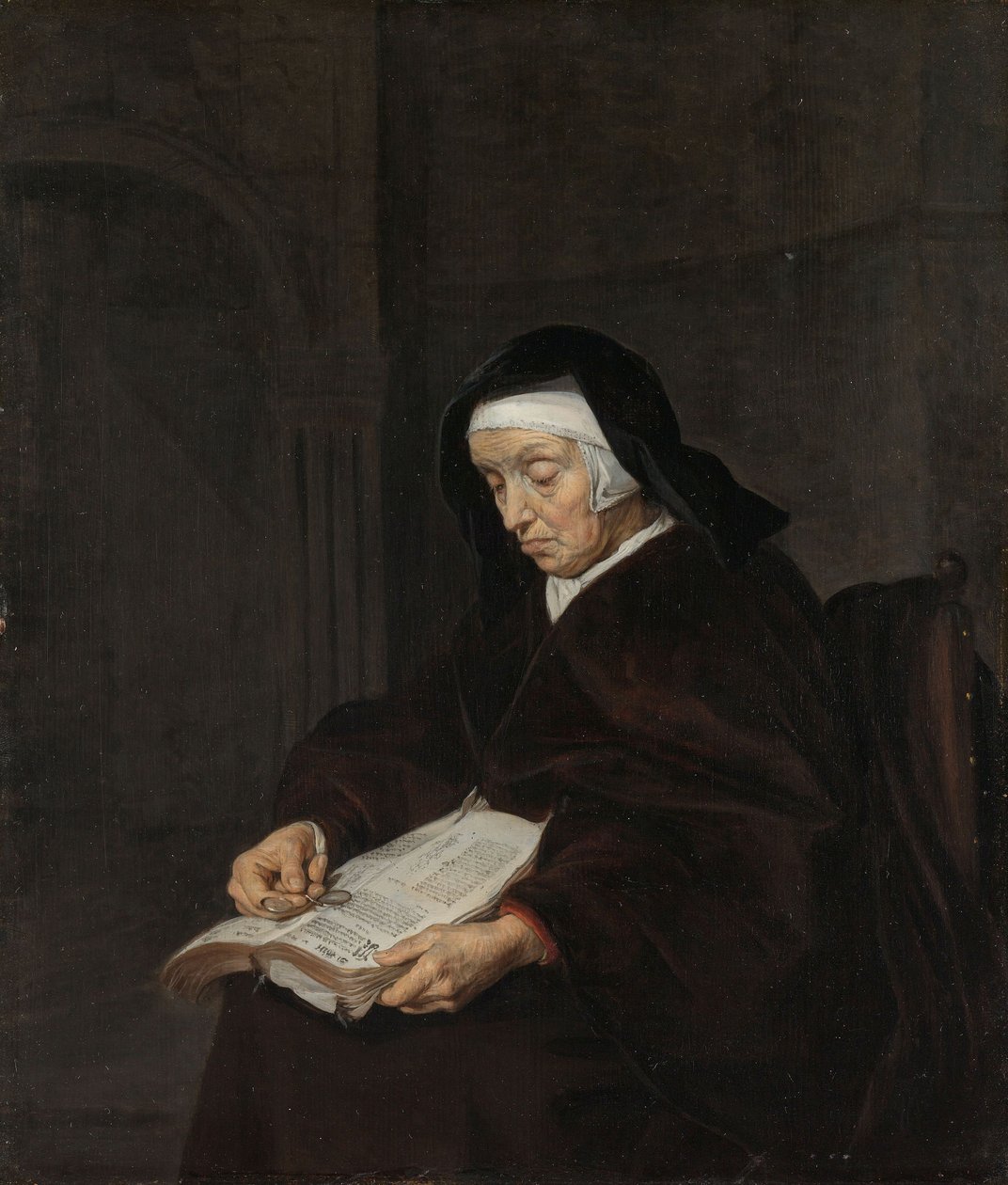 Gammel kvinne som mediterer, ca. 1661-63 av Gabriel Metsu