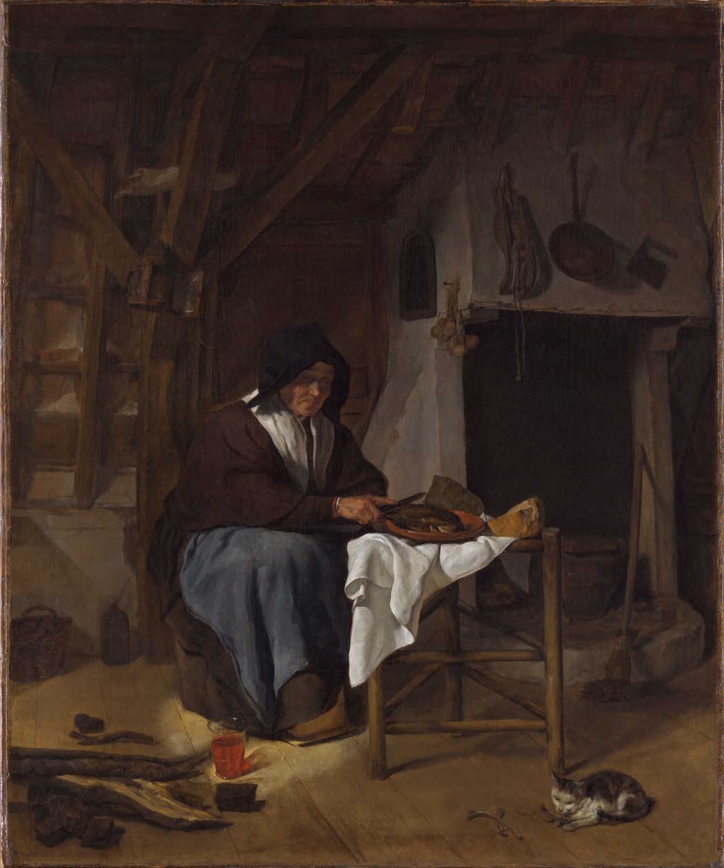 Gammel kvinne ved måltidet sitt i et interiør av Gabriel Metsu