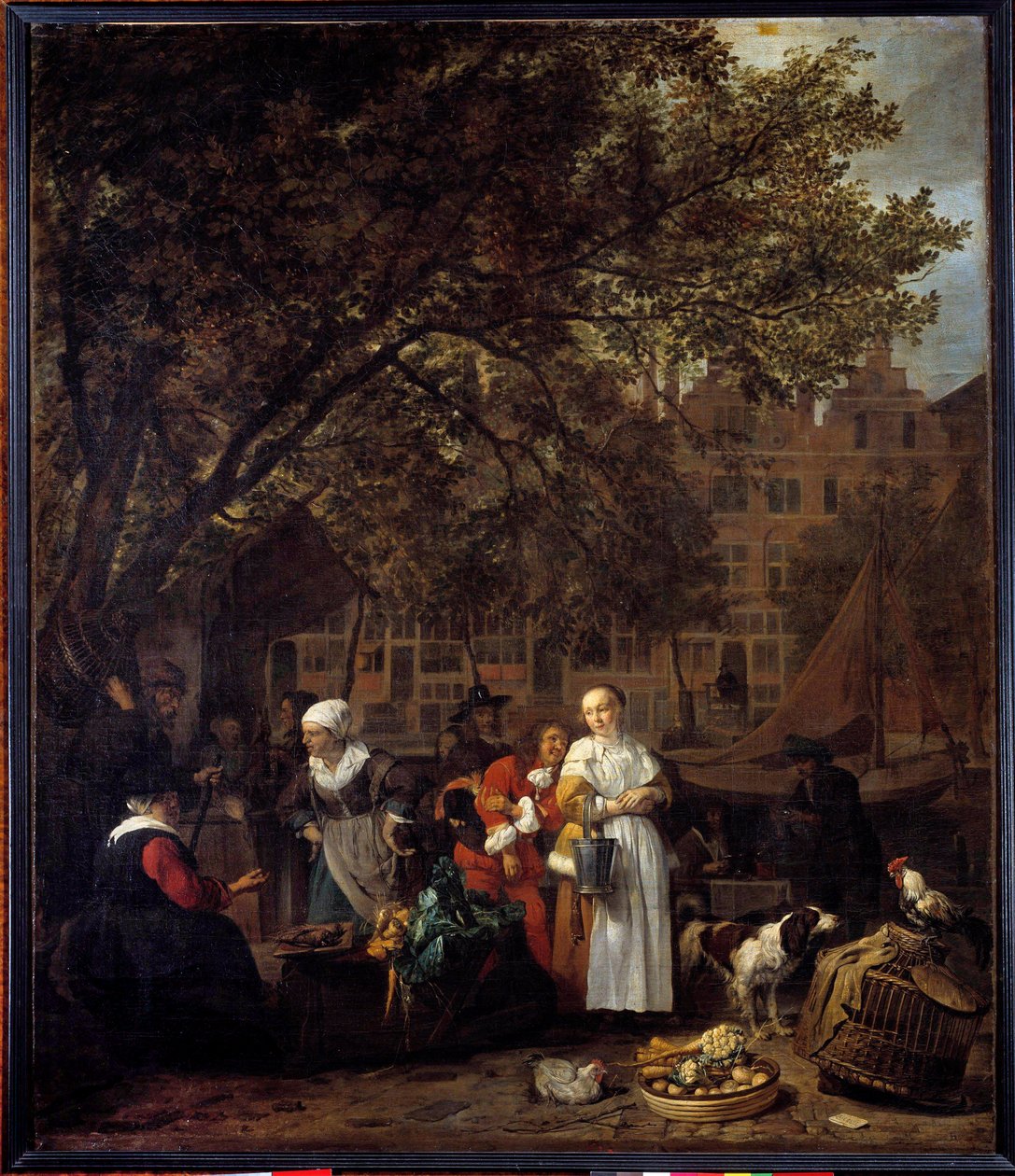 The Herb Walk of Amsterdam Painting av Gabriel Metsu (1629-1667) 1600-tallet Sun. 0,97x0,84 m Paris musee du Louvre av Gabriel Metsu