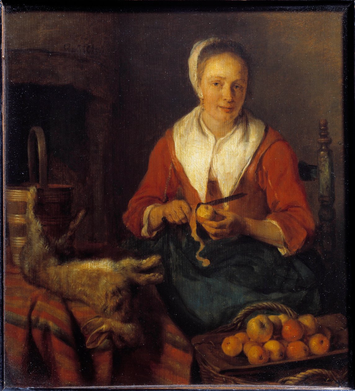 Epleskallet. En kvinne skreller epler for å lage mat sammen med en kanin. Maleri av Gabriel Metsu (1629-1667) Ec. Hol. av Gabriel Metsu