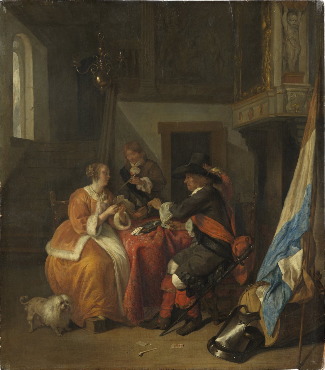 Et kortspill - Et kortspill, av Metsu, Gabriel (1629-1667). olje på tre av Gabriel Metsu