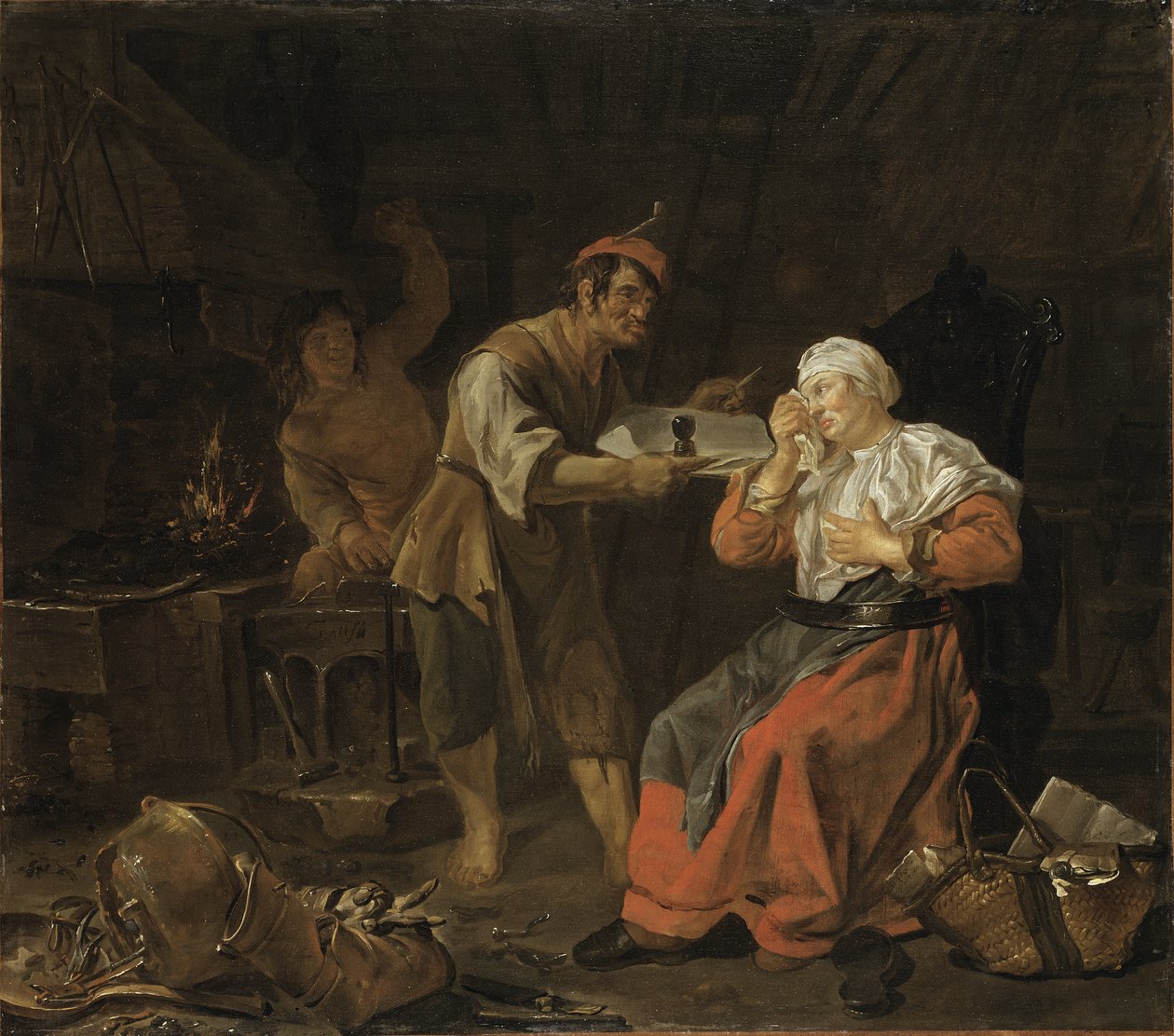 Gråtende kvinne i en smedbutikk, ca. 1650 av Gabriel Metsu