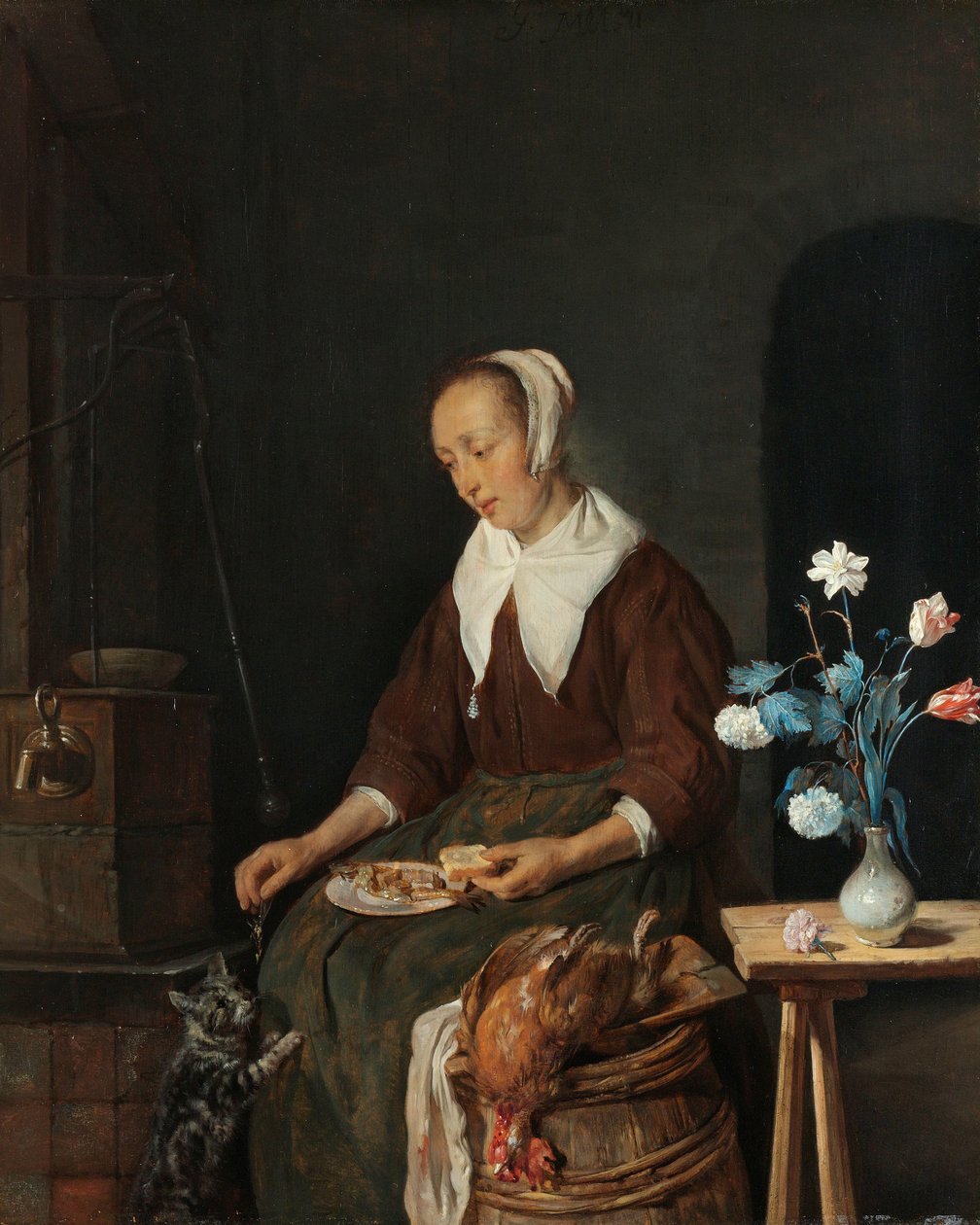 Kvinne som spiser, kjent som "Kattens frokost" Kvinne som spiser et måltid, kjent som "Kattens frokost" av Gabriel Metsu