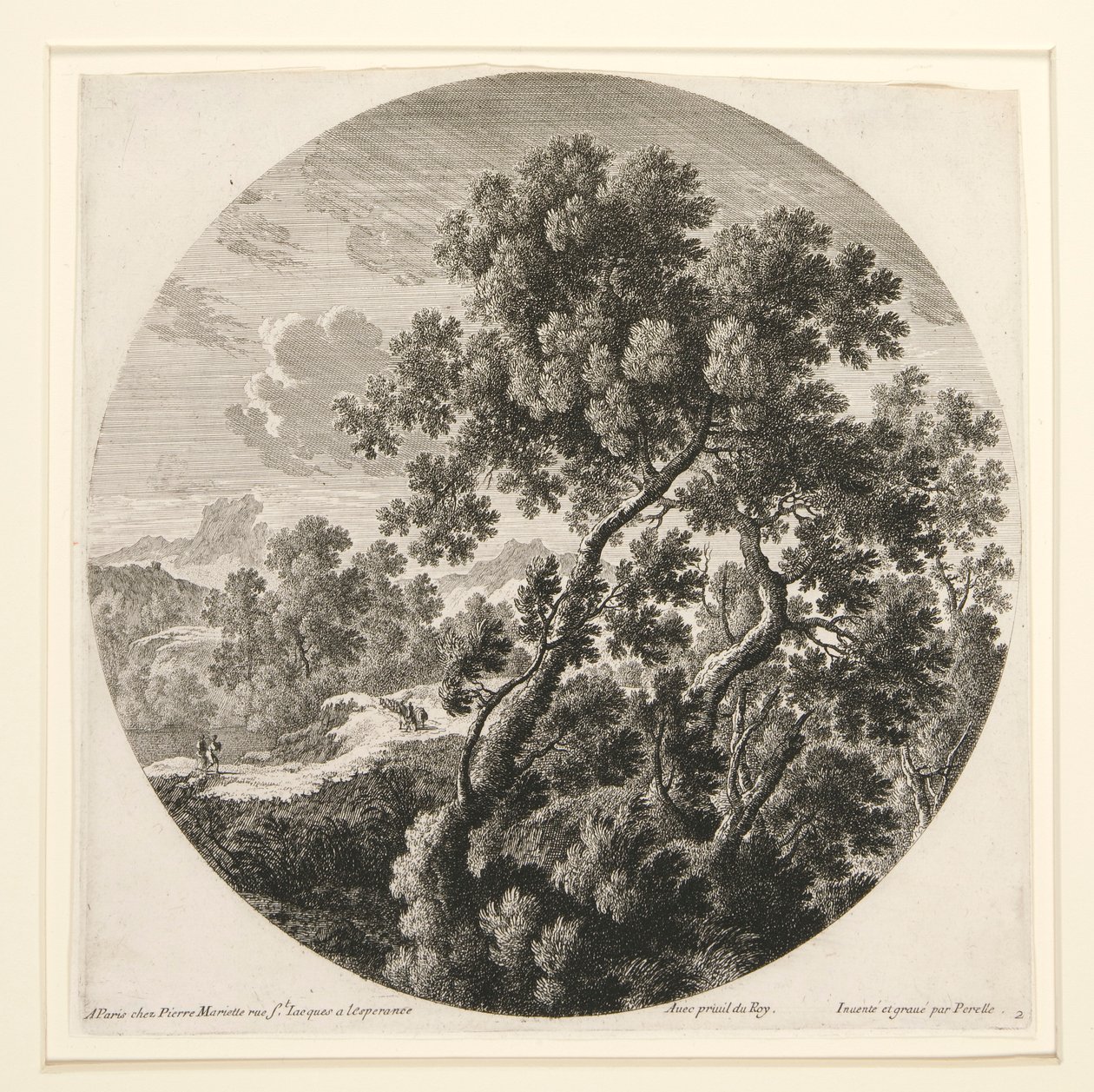 Landskap med to reisende og et slott; og Herdsman, Sheep and Cattle in a Landscape, fra et sett med seks landskap av Gabriel Perelle