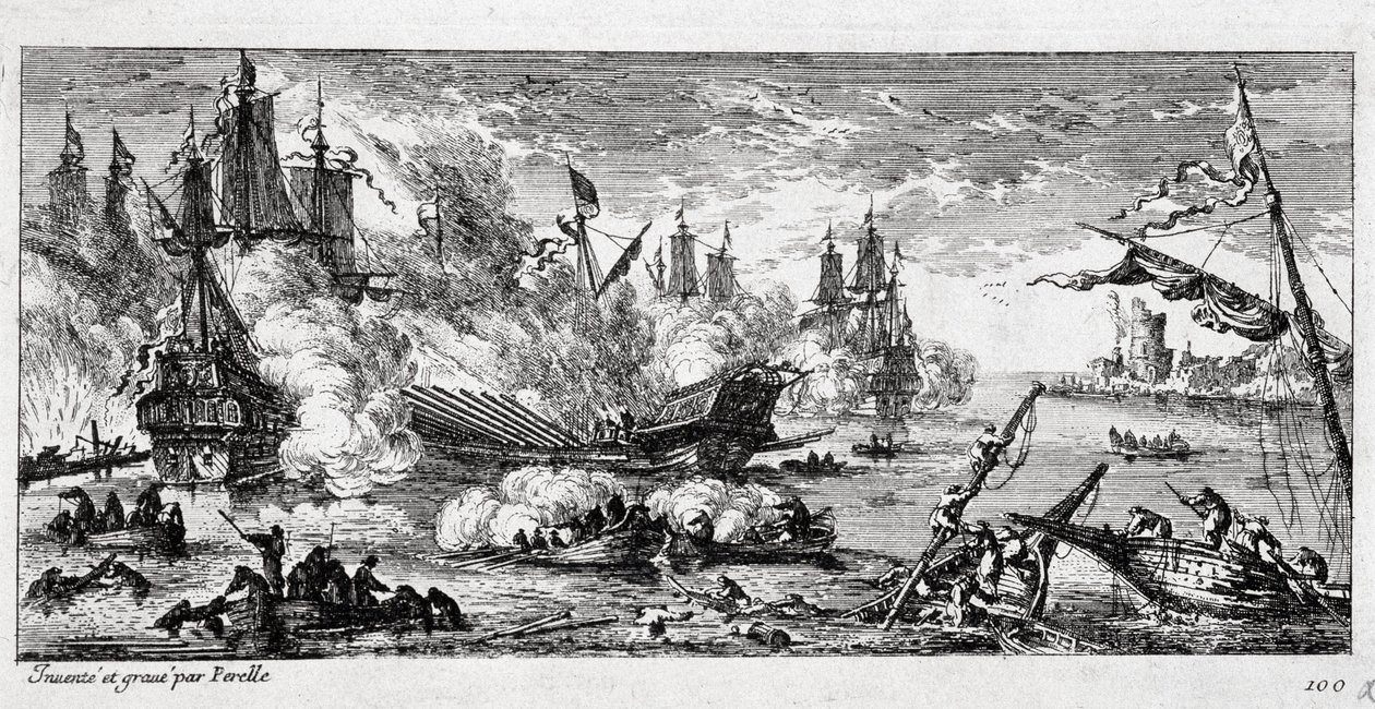 Sjøslaget ved Agosta (dagens Augusta på Sicilia) mellom den franske flåten og en spansk og nederlandsk allianse 22. april 1676. Også kalt slaget ved Gibel-fjellet (Gibel-fjellet) eller slaget ved Famagusta. av Gabriel Perelle
