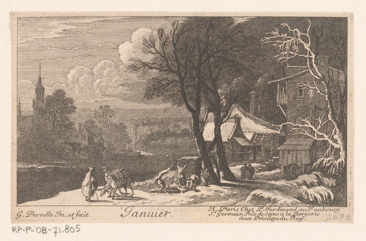 Titteltrykk med landskap i januar måned Janvier (tittel på objekt) Tolv måneder (serietittel) av Gabriel Perelle