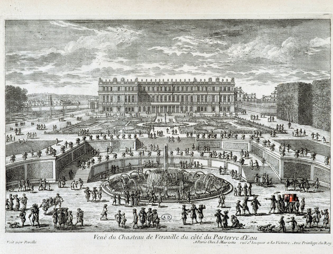 Utsikt over Chateau de Versailles fra siden av vannsengen - av Perelle, sent på 1600-tallet av Gabriel Perelle