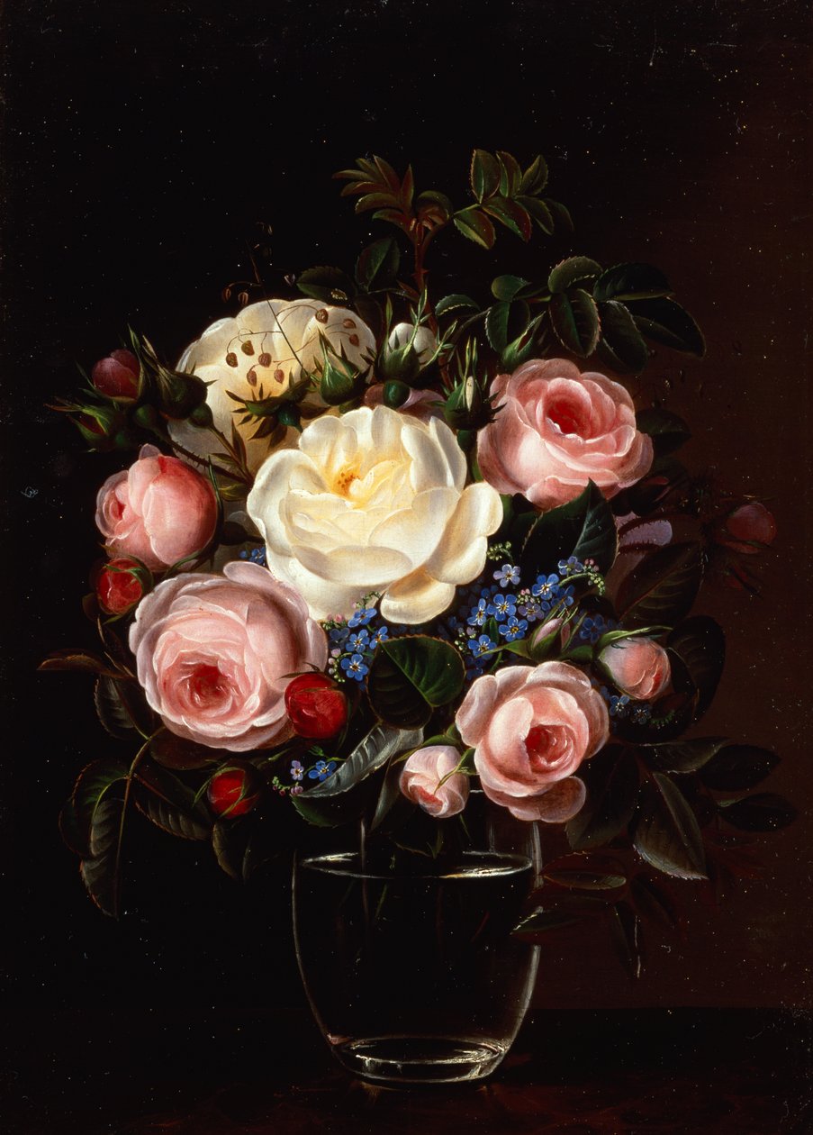 Peoner i en vase på et bord (olje på lerret) av Gabriel Schachinger