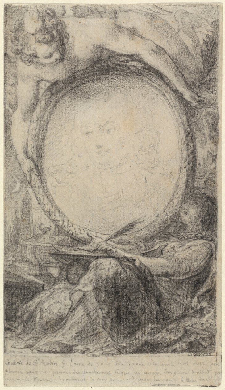 Allegorisk ramme med et geni og en tilslørt kvinne som skriver, ca. 1769 (svart kritt på papir) av Gabriel de Saint-Aubin