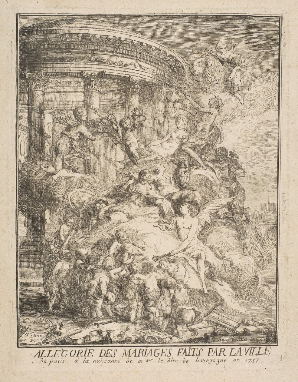 Allegori om ekteskap inngått av byen Paris ved fødselen av hertugen av Burgund, 1752. av Gabriel de Saint Aubin