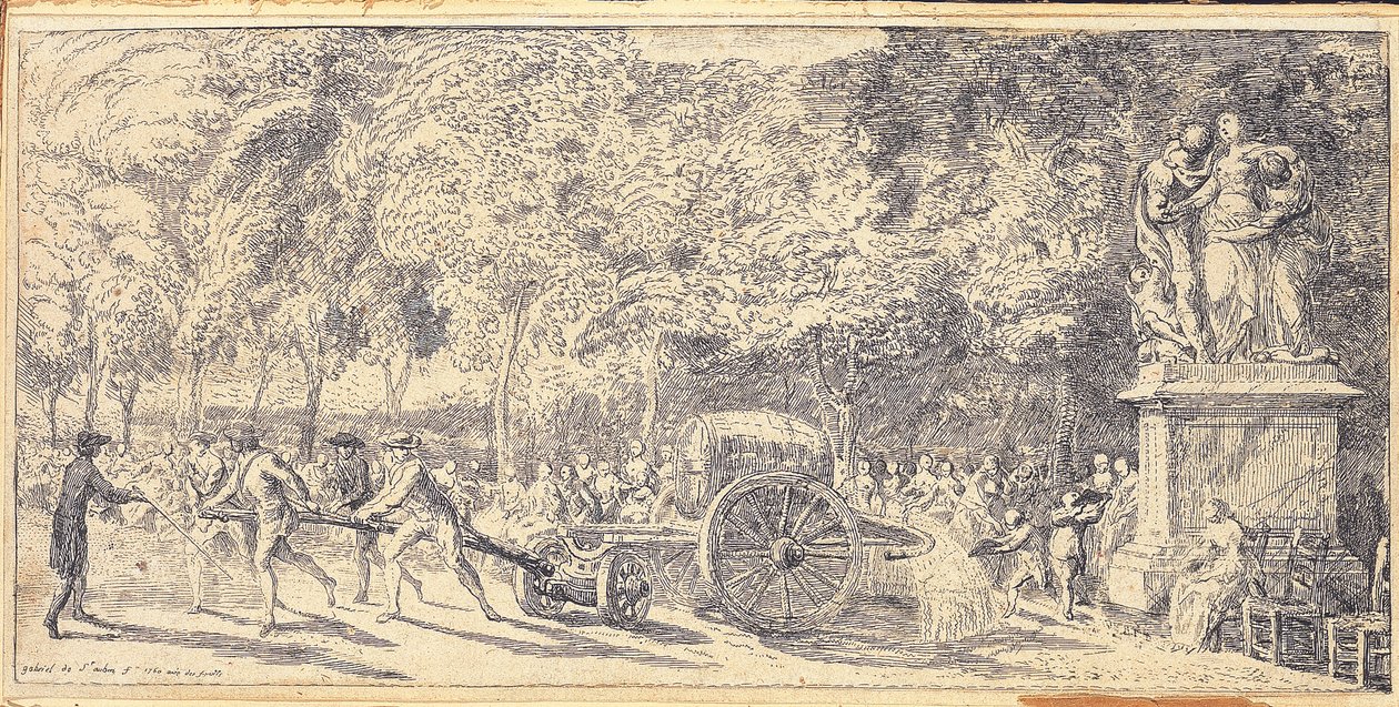 Figurer som trekker en tønne på en tralle i Tuileries Gardens, 1760 av Gabriel de Saint Aubin