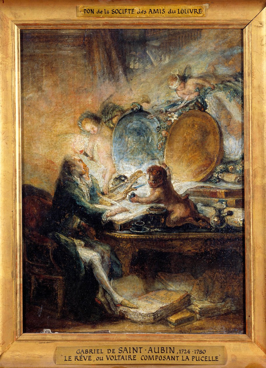 Le Reve ou Voltaire (1694-1778) komponerer hushjelpen"""" Maleri av Gabriel Jacques de Saint Aubin (1724-1780) Søn. 0,32x0,24 m av Gabriel de Saint Aubin