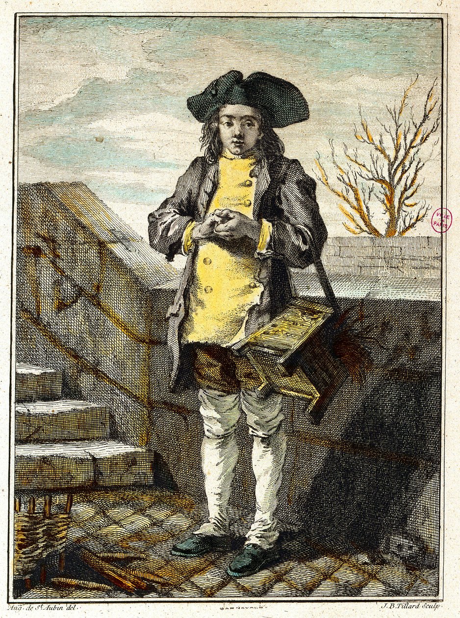 Gamle metiers: skopusseren eller skopusseren. Gravering av Gabriel de Saint Aubin (1724-1780) Paris-museet Carnavalet fra 1700-tallet av Gabriel de Saint Aubin