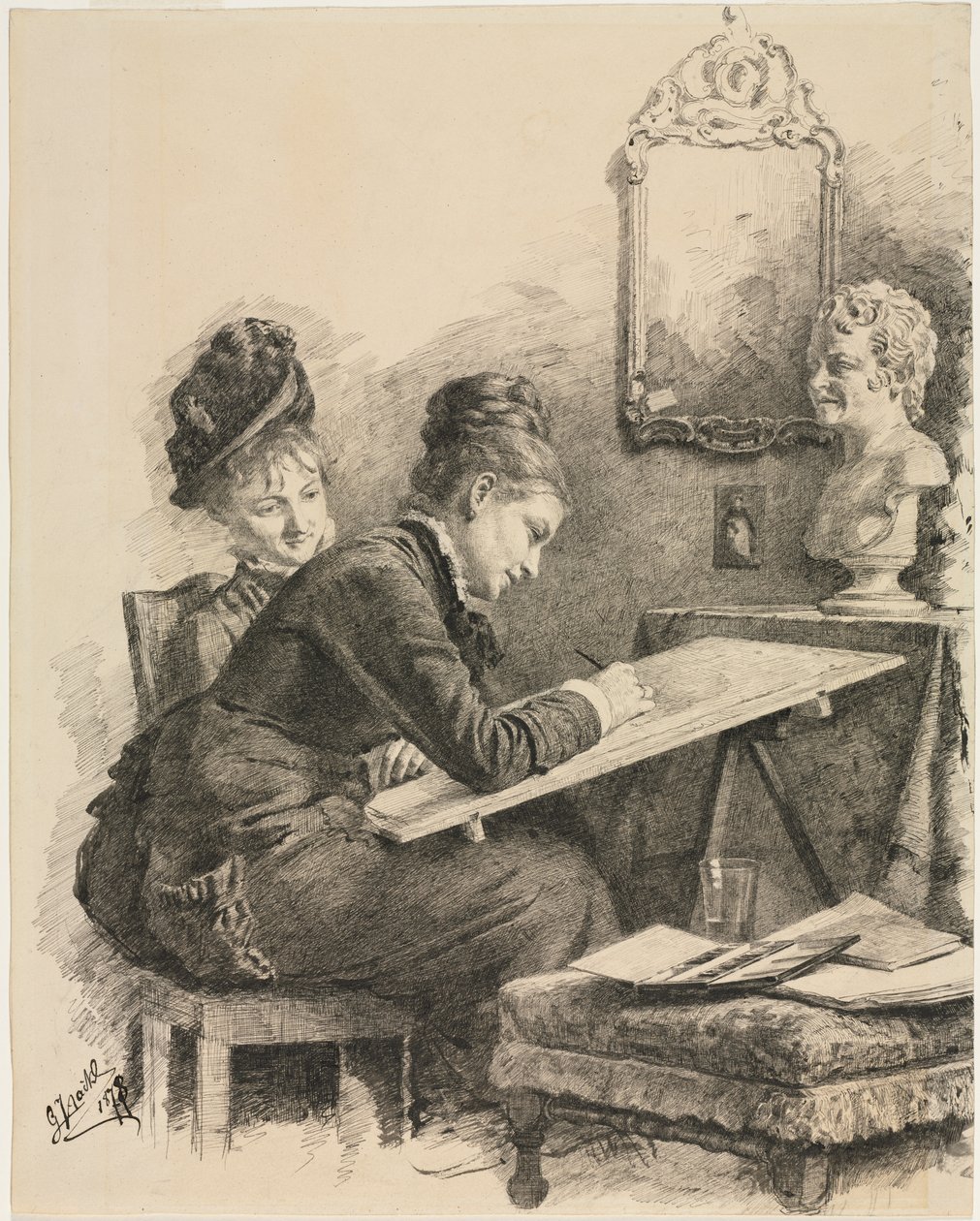 To kvinner som skisserer en skulptur, 1878. av Gabriel von Hackl